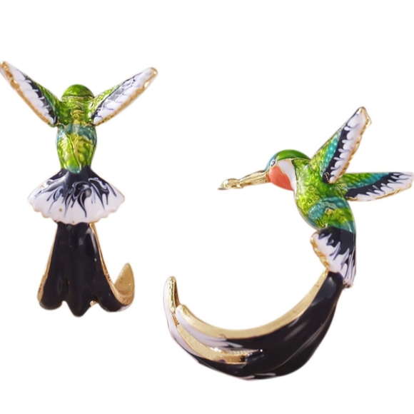 Blue Green Gold Flying Hummingbird Hoops Bird Hoop Earrings Enamel Hummingbirds - Picture 1 of 8